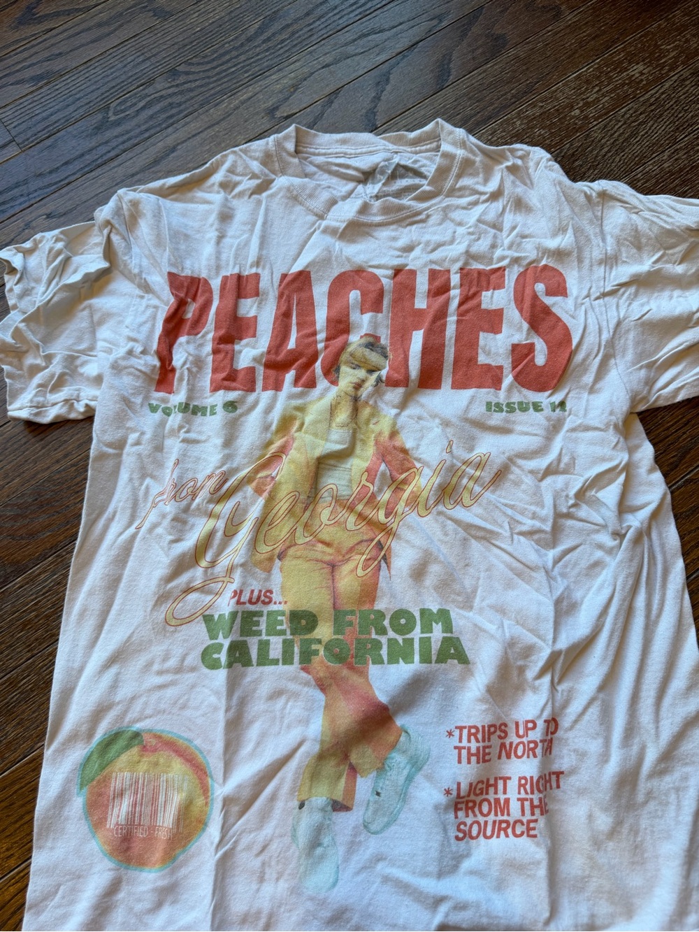 Justin Bieber White 'PEACHES' Short Sleeve Tee with Red and Green Print